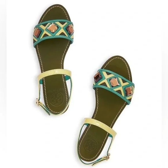 Tory Burch Women's Green Neon Rhinestone Embellished Sling Back